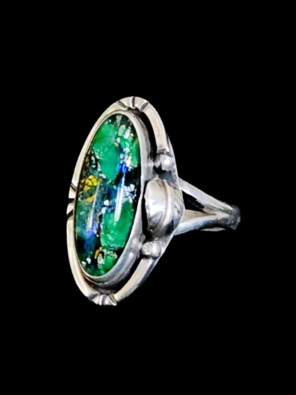 Vintage 1980s 925 Mexican Sterling Silver Foil Glass Statement Ring Size 10